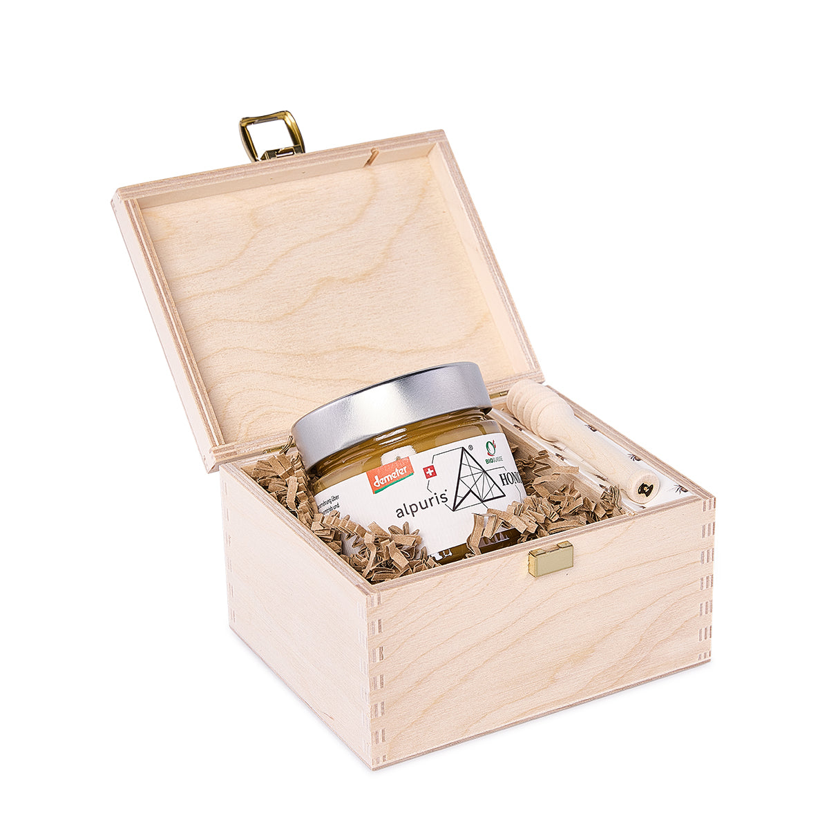 Geschenkbox mit Honig-Glas nach Wahl und Honiglöffel