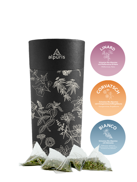Teedose mit drei Alpenkräutertees