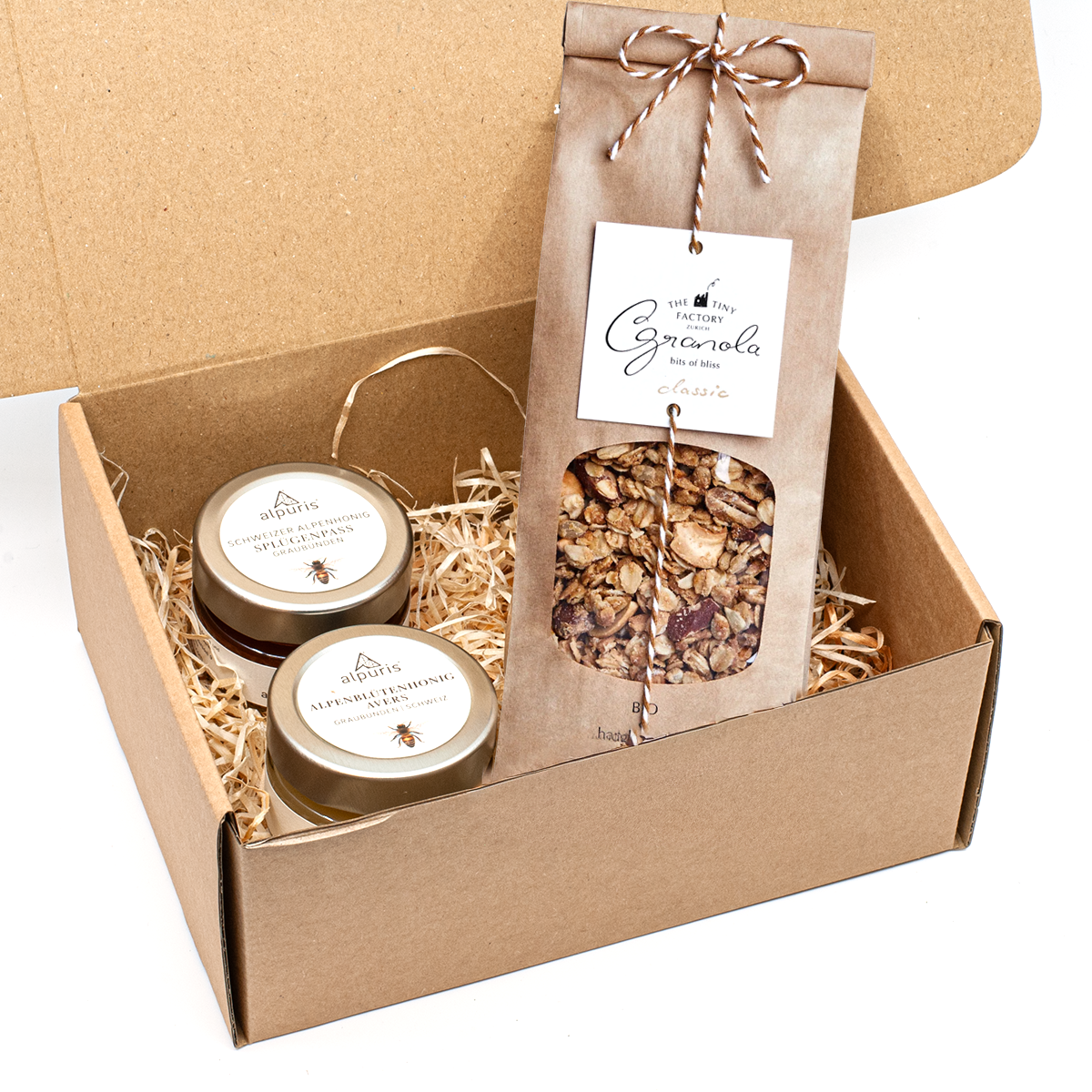 Geschenkbox mit Alpenhonig und Knusper-Müesli von Tiny Factory