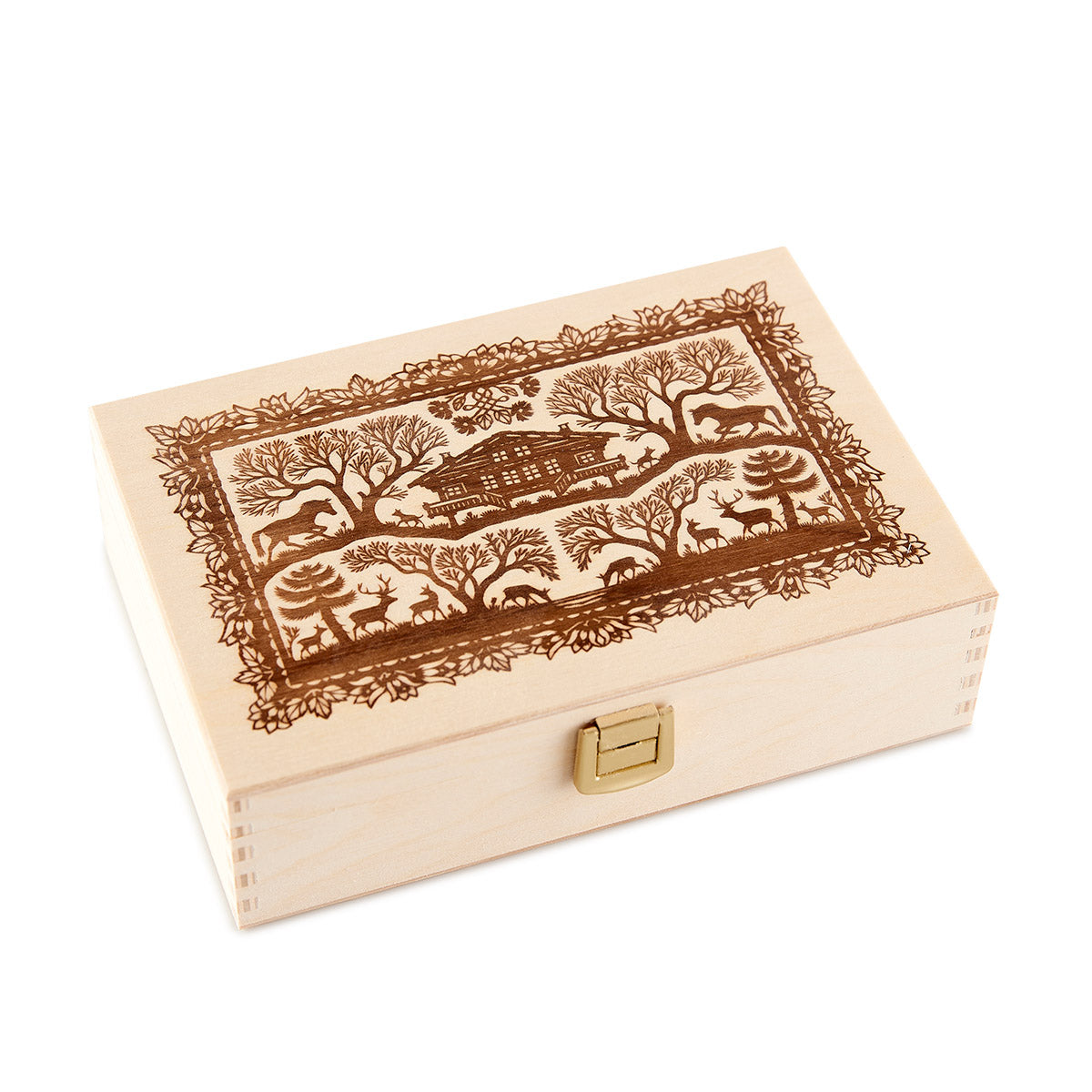 Leere Geschenkbox aus Holz mit Scherenschnitt-Motiv für 6 Gläser 85g nach Wahl
