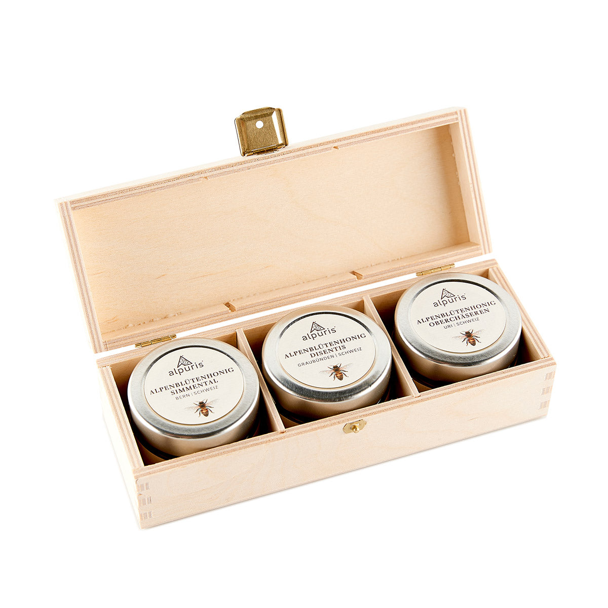Leere Geschenkbox aus Holz mit Scherenschnitt-Motiv für 3 Gläser 85g nach Wahl