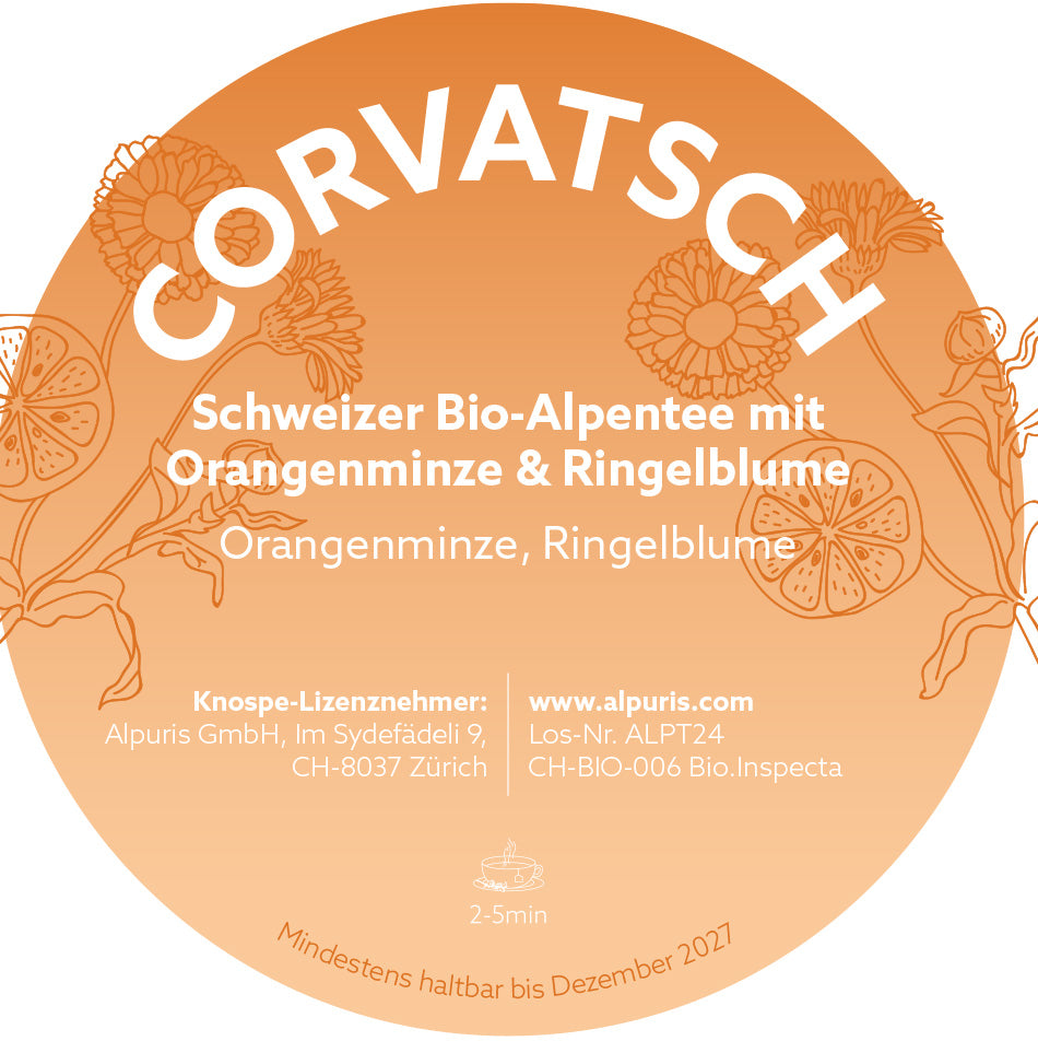 Alpuris Alpenkräutertee CORVATSCH mit Orangenminze & Ringelblume in der Teedose (BioSuisse)