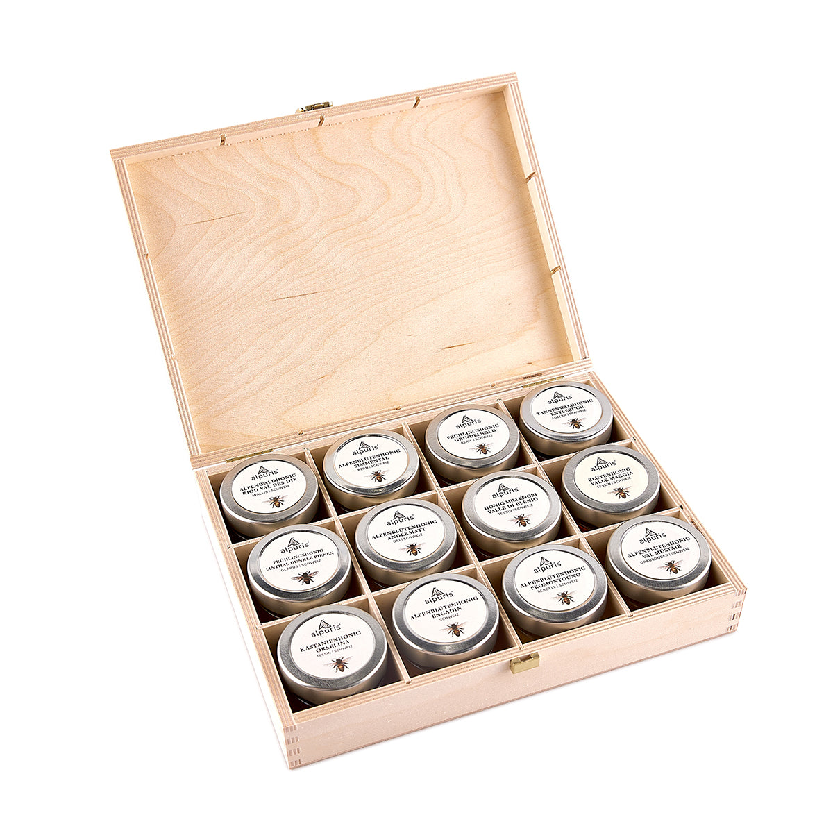 Coffret cadeau avec motif silhouette et 12 pots de miel des Alpes de 85g chacun