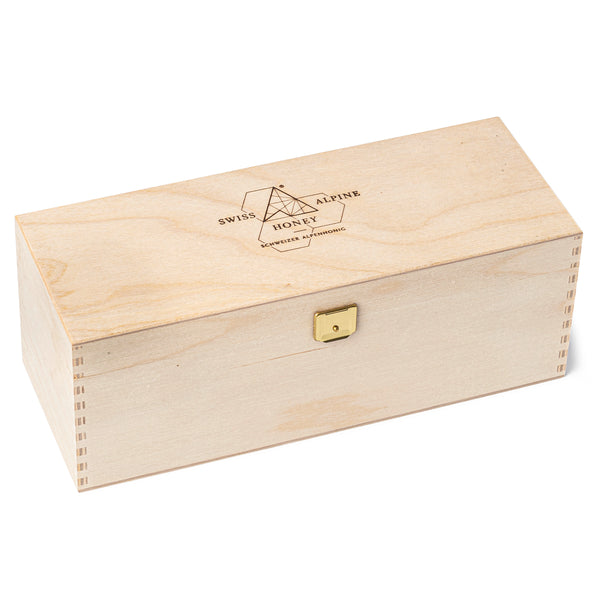Leere Geschenkbox aus Holz für 3 Gläser 500g