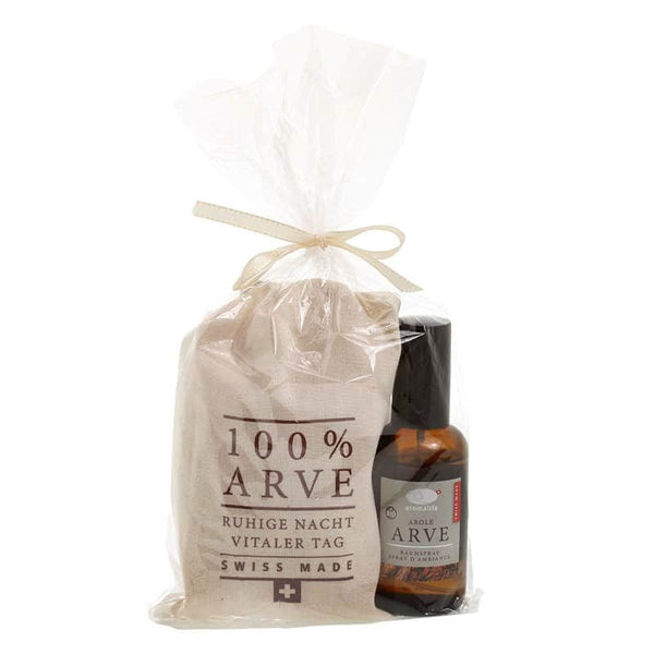 Swiss pine gift set with Swiss pine room spray and Swiss pine shavings in a cotton bag 